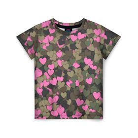 Детская футболка 3D с принтом Какмуфляж с сердечками в Новосибирске, 100% гипоаллергенный полиэфир | прямой крой, круглый вырез горловины, длина до линии бедер, чуть спущенное плечо, ткань немного тянется | 14 февраля | день святого валентина | камуфляж | любовь | милитари | паттерн | розовый | сердечко | сердце | хаки