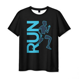 Мужская футболка 3D с принтом RUN в Новосибирске, 100% полиэфир | прямой крой, круглый вырез горловины, длина до линии бедер | бег | зал | здоровья | сила | синий | спорт | темный | человек