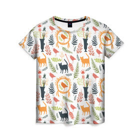 Женская футболка 3D с принтом О кошках и птичках в Новосибирске, 100% полиэфир ( синтетическое хлопкоподобное полотно) | прямой крой, круглый вырез горловины, длина до линии бедер | ваза | кот | кошка | листочки | паттерн | птица | птичка | узор | ягоды