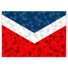 Поздравительная открытка с принтом Форма России в Новосибирске, 100% бумага | плотность бумаги 280 г/м2, матовая, на обратной стороне линовка и место для марки
 | Тематика изображения на принте: russia | геометрия | полигоны | россия | спорт | спортивная форма | треугольники | триколор | углы