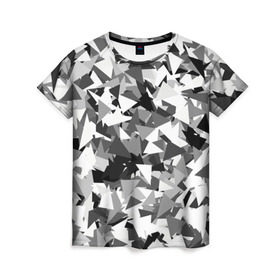 Женская футболка 3D с принтом Городской серый камуфляж в Новосибирске, 100% полиэфир ( синтетическое хлопкоподобное полотно) | прямой крой, круглый вырез горловины, длина до линии бедер | армия | геометрический | геометрия | маскировка | милитари | паттерн | текстура | треугольники | чернобелый