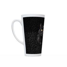 Кружка Латте с принтом Чёрный котик в Новосибирске, Белая керамика | Объем 480 мл; Высота 150 мм; Диаметр 90 мм | Тематика изображения на принте: кошка | чёрная