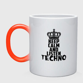 Кружка хамелеон с принтом Keep calm and listen Techno в Новосибирске, керамика | меняет цвет при нагревании, емкость 330 мл | Тематика изображения на принте: ebm | edm | hi nrg | techno | габбер | даб | детройт | дип | индастриал | италиан | минимал | музыка | синтипоп | тек хаус | техно | фанк | хард | чикаго хаус | шранц | эйсид | электро | электронная