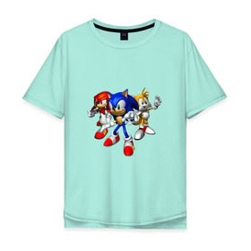 Мужская футболка хлопок Oversize с принтом Sonic, Tails & Knuckles в Новосибирске, 100% хлопок | свободный крой, круглый ворот, “спинка” длиннее передней части | Тематика изображения на принте: наклз | наклс | соник | тейлз | тейлс