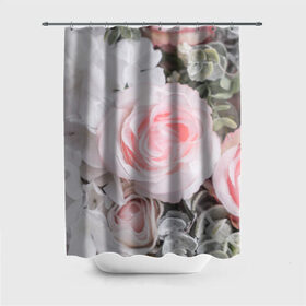 Штора 3D для ванной с принтом розы в Новосибирске, 100% полиэстер | плотность материала — 100 г/м2. Стандартный размер — 146 см х 180 см. По верхнему краю — пластиковые люверсы для креплений. В комплекте 10 пластиковых колец | букет | винтаж | зелень | листья | розовые розы | романтика | цветы