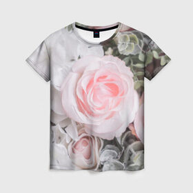 Женская футболка 3D с принтом розы в Новосибирске, 100% полиэфир ( синтетическое хлопкоподобное полотно) | прямой крой, круглый вырез горловины, длина до линии бедер | букет | винтаж | зелень | листья | розовые розы | романтика | цветы