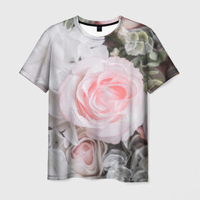 Мужская футболка 3D с принтом розы в Новосибирске, 100% полиэфир | прямой крой, круглый вырез горловины, длина до линии бедер | Тематика изображения на принте: букет | винтаж | зелень | листья | розовые розы | романтика | цветы