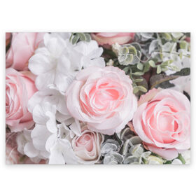 Поздравительная открытка с принтом розы в Новосибирске, 100% бумага | плотность бумаги 280 г/м2, матовая, на обратной стороне линовка и место для марки
 | букет | винтаж | зелень | листья | розовые розы | романтика | цветы