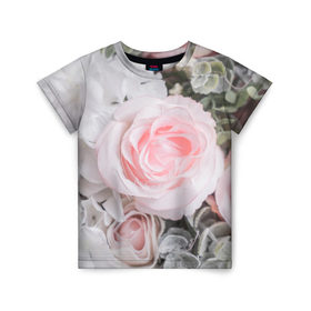 Детская футболка 3D с принтом розы в Новосибирске, 100% гипоаллергенный полиэфир | прямой крой, круглый вырез горловины, длина до линии бедер, чуть спущенное плечо, ткань немного тянется | Тематика изображения на принте: букет | винтаж | зелень | листья | розовые розы | романтика | цветы