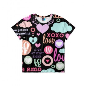 Детская футболка 3D с принтом Любовь на разных языках в Новосибирске, 100% гипоаллергенный полиэфир | прямой крой, круглый вырез горловины, длина до линии бедер, чуть спущенное плечо, ткань немного тянется | 14 | love | валентин | губы | день | любовь | подарок | поцелуй | сердце | страсть | февраль