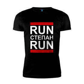 Мужская футболка премиум с принтом Run Степан Run в Новосибирске, 92% хлопок, 8% лайкра | приталенный силуэт, круглый вырез ворота, длина до линии бедра, короткий рукав | 