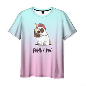 Мужская футболка 3D с принтом Funny PUG в Новосибирске, 100% полиэфир | прямой крой, круглый вырез горловины, длина до линии бедер | animals | dog | dogs | gradient | illustration | inscription | lettering | pug | puppy | unicorn | градиент | единорог | животные | иллюстрация | леттеринг | мопс | надпись | песик | собаки | щенок