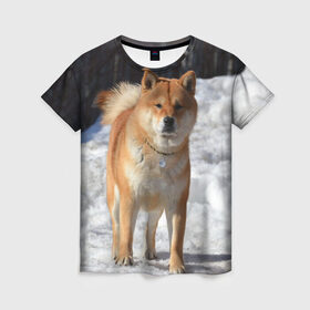 Женская футболка 3D с принтом Акита-ину в Новосибирске, 100% полиэфир ( синтетическое хлопкоподобное полотно) | прямой крой, круглый вырез горловины, длина до линии бедер | Тематика изображения на принте: акита | животное | животные | ину | овчарка | пес | песик | псы | сиба | собака | собаки | шиба