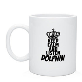 Кружка с принтом Keep calm and listen Dolphin в Новосибирске, керамика | объем — 330 мл, диаметр — 80 мм. Принт наносится на бока кружки, можно сделать два разных изображения | Тематика изображения на принте: 