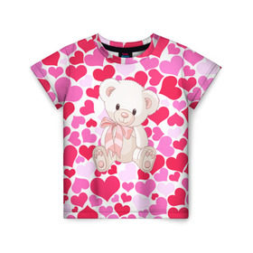 Детская футболка 3D с принтом Белый Мишка в Новосибирске, 100% гипоаллергенный полиэфир | прямой крой, круглый вырез горловины, длина до линии бедер, чуть спущенное плечо, ткань немного тянется | 14 февраля | bear | love | teddy | абстракция | арт | девушкам | день всех влюбленных | день святого валентина | животные | медведь | милые | мишка | сердечки | тедди