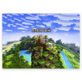 Поздравительная открытка с принтом Алексей - Minecraft в Новосибирске, 100% бумага | плотность бумаги 280 г/м2, матовая, на обратной стороне линовка и место для марки
 | Тематика изображения на принте: minecraft | алексей | алеша | алешка | добывать | игра | игрушка | имя | компьютерная | кубики | леха | леша | майкрафт | майн крафт | майнкрафт | пиксели | пиксель | ремесло | с именем | шахта
