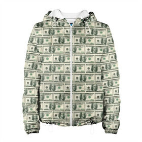Женская куртка 3D с принтом Доллары в Новосибирске, ткань верха — 100% полиэстер, подклад — флис | прямой крой, подол и капюшон оформлены резинкой с фиксаторами, два кармана без застежек по бокам, один большой потайной карман на груди. Карман на груди застегивается на липучку | Тематика изображения на принте: dollars | money | usa | деньги | доллар | паттерн | сша