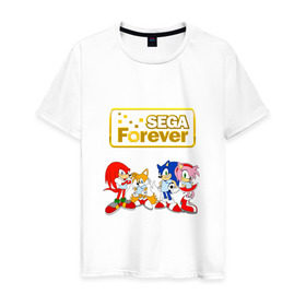 Мужская футболка хлопок с принтом Sega Forever в Новосибирске, 100% хлопок | прямой крой, круглый вырез горловины, длина до линии бедер, слегка спущенное плечо. | knuckles | sonic | tails | наклз | сега | соник | тейлз