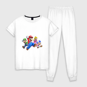 Женская пижама хлопок с принтом Mario Team в Новосибирске, 100% хлопок | брюки и футболка прямого кроя, без карманов, на брюках мягкая резинка на поясе и по низу штанин | nintendo | марио | нинтендо