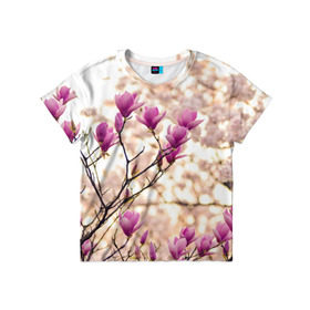 Детская футболка 3D с принтом Сакура в Новосибирске, 100% гипоаллергенный полиэфир | прямой крой, круглый вырез горловины, длина до линии бедер, чуть спущенное плечо, ткань немного тянется | Тематика изображения на принте: деревья | красота | небо | природа | сакура | цветение | цветы | япония