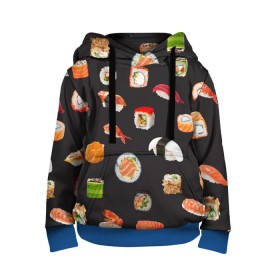 Детская толстовка 3D с принтом Суши в Новосибирске, 100% полиэстер | двухслойный капюшон со шнурком для регулировки, мягкие манжеты на рукавах и по низу толстовки, спереди карман-кенгуру с мягким внутренним слоем | Тематика изображения на принте: food | rolls | sushi | tokyo | еда | роллы | суши | токио
