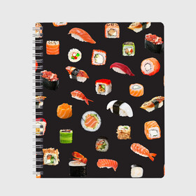 Тетрадь с принтом Суши в Новосибирске, 100% бумага | 48 листов, плотность листов — 60 г/м2, плотность картонной обложки — 250 г/м2. Листы скреплены сбоку удобной пружинной спиралью. Уголки страниц и обложки скругленные. Цвет линий — светло-серый
 | Тематика изображения на принте: food | rolls | sushi | tokyo | еда | роллы | суши | токио