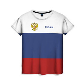 Женская футболка 3D с принтом Россия Триколор в Новосибирске, 100% полиэфир ( синтетическое хлопкоподобное полотно) | прямой крой, круглый вырез горловины, длина до линии бедер | russia | герб | орел | патриот | российский | россия | русский | символика | триколор | флаг