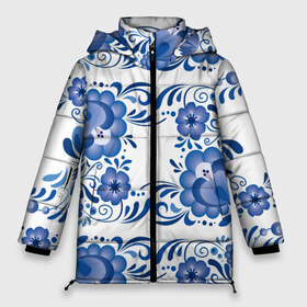 Женская зимняя куртка 3D с принтом Гжель в Новосибирске, верх — 100% полиэстер; подкладка — 100% полиэстер; утеплитель — 100% полиэстер | длина ниже бедра, силуэт Оверсайз. Есть воротник-стойка, отстегивающийся капюшон и ветрозащитная планка. 

Боковые карманы с листочкой на кнопках и внутренний карман на молнии | гжель | текстура | узор | цветы