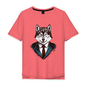 Мужская футболка хлопок Oversize с принтом Волк Бизнесмен в Новосибирске, 100% хлопок | свободный крой, круглый ворот, “спинка” длиннее передней части | Тематика изображения на принте: бизнес | бизнесмен | волк | волк в костюме | волк с уолл стрит | волки | дикий