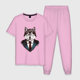 Мужская пижама хлопок с принтом Волк Бизнесмен в Новосибирске, 100% хлопок | брюки и футболка прямого кроя, без карманов, на брюках мягкая резинка на поясе и по низу штанин
 | бизнес | бизнесмен | волк | волк в костюме | волк с уолл стрит | волки | дикий