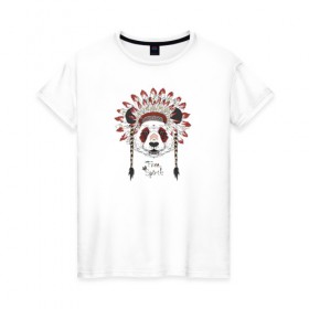 Женская футболка хлопок с принтом Панда в Новосибирске, 100% хлопок | прямой крой, круглый вырез горловины, длина до линии бедер, слегка спущенное плечо | Тематика изображения на принте: индеец | инди | медведи | медведь | панда | панды | с медведем | с пандой