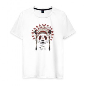 Мужская футболка хлопок с принтом Панда в Новосибирске, 100% хлопок | прямой крой, круглый вырез горловины, длина до линии бедер, слегка спущенное плечо. | индеец | инди | медведи | медведь | панда | панды | с медведем | с пандой