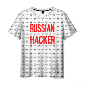 Мужская футболка 3D с принтом Russian Hacker в Новосибирске, 100% полиэфир | прямой крой, круглый вырез горловины, длина до линии бедер | cracker | hacker | keyboard | russian | skull | взломщик | клавиатура | крекер | русский | хакер | череп