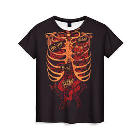 Женская футболка 3D с принтом Человеческий скелет в Новосибирске, 100% полиэфир ( синтетическое хлопкоподобное полотно) | прямой крой, круглый вырез горловины, длина до линии бедер | 3d скелет | кости | легкие | органы | ребра | сердце | скелет | человек
