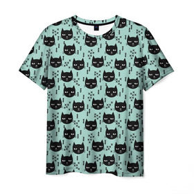 Мужская футболка 3D с принтом Хипстер коты в Новосибирске, 100% полиэфир | прямой крой, круглый вырез горловины, длина до линии бедер | cat | cat heads | felix | hipster | kitty | голова животного | голова кота | кот | котенок | котик | коты | кошка | милые котятки | с котами | треугольники | усатый полосатый | хипстер | черный кот