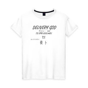 Женская футболка хлопок с принтом Delivery God в Новосибирске, 100% хлопок | прямой крой, круглый вырез горловины, длина до линии бедер, слегка спущенное плечо | Тематика изображения на принте: anime | noragami | аниме | бездомный бог | норагами
