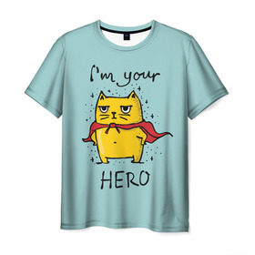 Мужская футболка 3D с принтом Я твой герой в Новосибирске, 100% полиэфир | прямой крой, круглый вырез горловины, длина до линии бедер | cat | герой | домашние любимцы | животные | котики | котэ | котята | любовь | милые