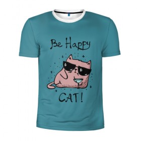 Мужская футболка 3D спортивная с принтом Быть счастливым котом! в Новосибирске, 100% полиэстер с улучшенными характеристиками | приталенный силуэт, круглая горловина, широкие плечи, сужается к линии бедра | cat | happy | домашние любимцы | животные | котики | котэ | котята | любов | милые | счастье