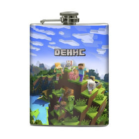 Фляга с принтом Денис - Minecraft в Новосибирске, металлический корпус | емкость 0,22 л, размер 125 х 94 мм. Виниловая наклейка запечатывается полностью | minecraft | ден | денис | дениска | денчик | добывать | дэн | игра | игрушка | имя | компьютерная | кубики | майкрафт | майн крафт | майнкрафт | пиксели | пиксель | ремесло | с именем | шахта