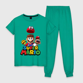 Женская пижама хлопок с принтом Super Mario в Новосибирске, 100% хлопок | брюки и футболка прямого кроя, без карманов, на брюках мягкая резинка на поясе и по низу штанин | nintendo | марио | нинтендо
