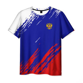 Мужская футболка 3D с принтом RUSSIA SPORT в Новосибирске, 100% полиэфир | прямой крой, круглый вырез горловины, длина до линии бедер | russia | белый | болельщик | герб | двуглавый орел | корона | красный | лошадь | модные | надписи | орел | патриот | россия | синий | спорт | спортивные | триколор | униформа | фанат | цвет