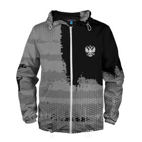 Мужская ветровка 3D с принтом Russia Sport collection Gray в Новосибирске, 100% полиэстер | подол и капюшон оформлены резинкой с фиксаторами, два кармана без застежек по бокам, один потайной карман на груди | Тематика изображения на принте: abstraction | grunge | russia | sport | абстракция | герб | краска | русский | символика рф | спорт | спортивный | триколор | униформа | форма | я русский