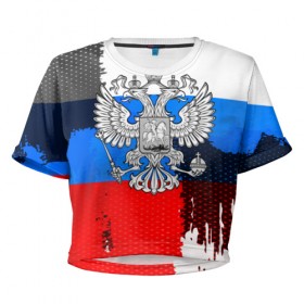 Женская футболка 3D укороченная с принтом Russia Sport 2018 в Новосибирске, 100% полиэстер | круглая горловина, длина футболки до линии талии, рукава с отворотами | 