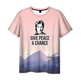 Мужская футболка 3D с принтом Give Peace a Chance в Новосибирске, 100% полиэфир | прямой крой, круглый вырез горловины, длина до линии бедер | битлз | горы | джон леннон | ленон | мир | песня | цитаты | шанс