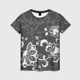 Женская футболка 3D с принтом Кружевной узор в Новосибирске, 100% полиэфир ( синтетическое хлопкоподобное полотно) | прямой крой, круглый вырез горловины, длина до линии бедер | flowers | pattern | арт | винтаж | кружева | орнамент | текстура | узор | цветы | черно белый