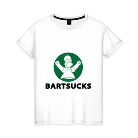 Женская футболка хлопок с принтом Bartsucks в Новосибирске, 100% хлопок | прямой крой, круглый вырез горловины, длина до линии бедер, слегка спущенное плечо | bart | homer | simpsons | барт | гомер | старбакс