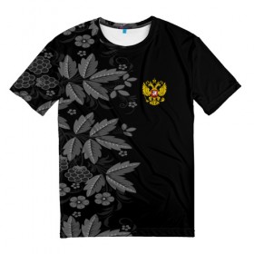 Мужская футболка 3D с принтом Russia Pattern в Новосибирске, 100% полиэфир | прямой крой, круглый вырез горловины, длина до линии бедер | pattern | russia | герб | орел | орнамент | патриот | патриотизм | российский | россия | символика | узор | хохлома | цветы | я русский