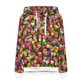 Женская толстовка 3D с принтом Разноцветные тюльпаны в Новосибирске, 100% полиэстер  | двухслойный капюшон со шнурком для регулировки, мягкие манжеты на рукавах и по низу толстовки, спереди карман-кенгуру с мягким внутренним слоем. | 8 марта | tulip | белый | букет | желтый | зеленый | красный | паттерн | розовый | тюльпан | тюльпанчики | цветок | цветочки | цветы