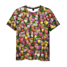 Мужская футболка 3D с принтом Разноцветные тюльпаны в Новосибирске, 100% полиэфир | прямой крой, круглый вырез горловины, длина до линии бедер | 8 марта | tulip | белый | букет | желтый | зеленый | красный | паттерн | розовый | тюльпан | тюльпанчики | цветок | цветочки | цветы