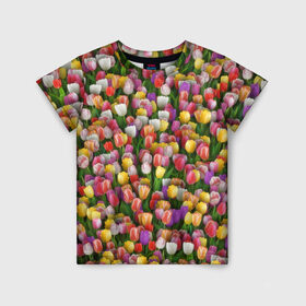 Детская футболка 3D с принтом Разноцветные тюльпаны в Новосибирске, 100% гипоаллергенный полиэфир | прямой крой, круглый вырез горловины, длина до линии бедер, чуть спущенное плечо, ткань немного тянется | Тематика изображения на принте: 8 марта | tulip | белый | букет | желтый | зеленый | красный | паттерн | розовый | тюльпан | тюльпанчики | цветок | цветочки | цветы